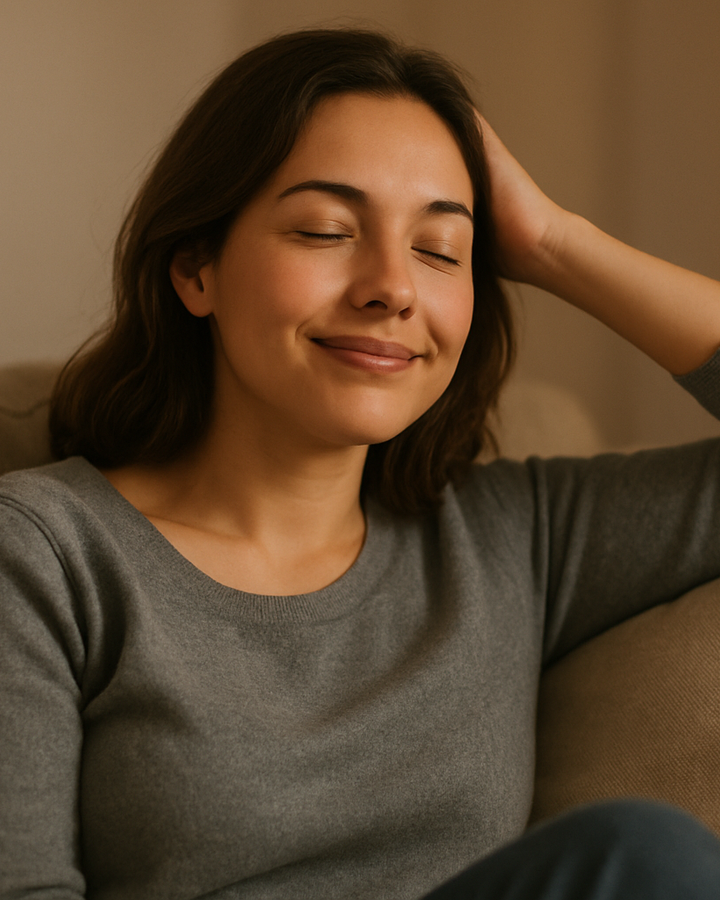 Generate a lifelike image of a woman sitting on a couch and her headache is gone.