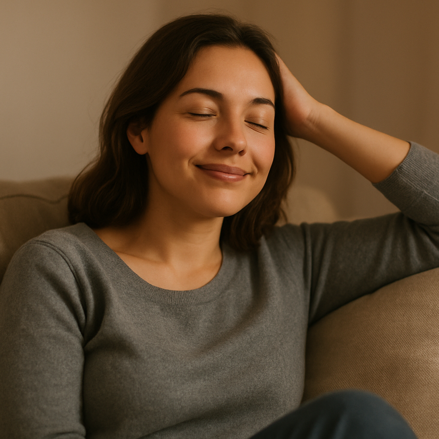 Generate a lifelike image of a woman sitting on a couch and her headache is gone.